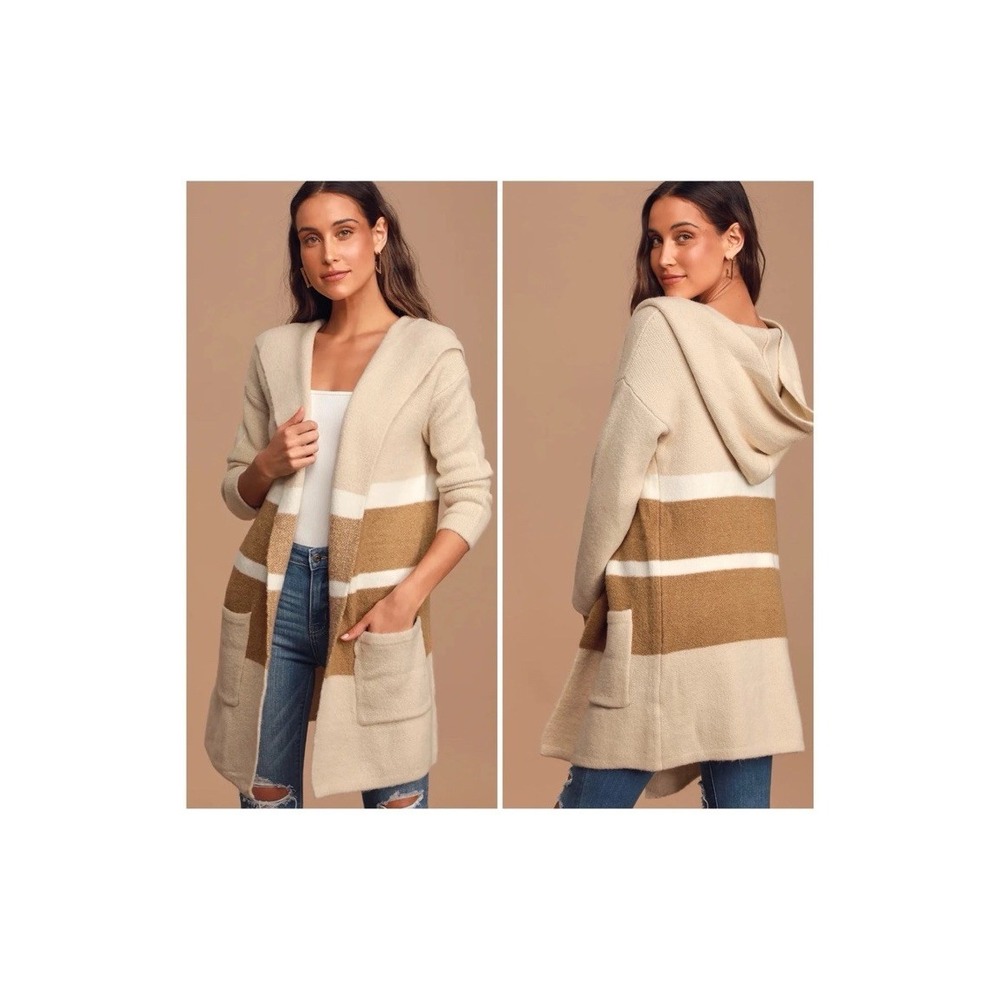 LULUS Size Small Carlsbad Tan and Beige Hooded Duster Cardigan Sweater Pockets
